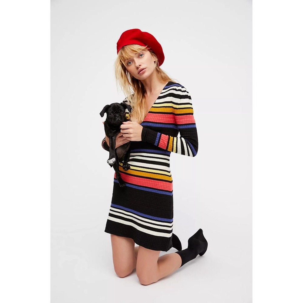 FREE PEOPLE Black Striped Long Sleeve Gidget Sweater Mini Dress‎ Ribbed MEDIUM